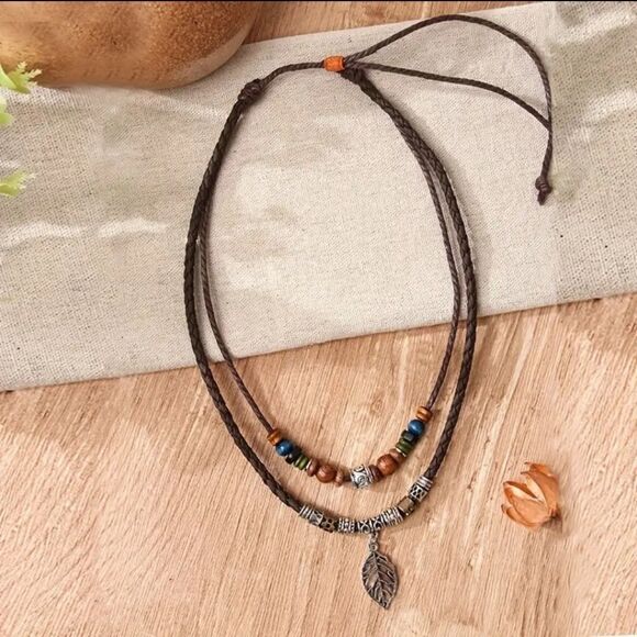 Adjustable Bohemian Necklace layered Leaf Wooden Bead - Picture 4 of 6